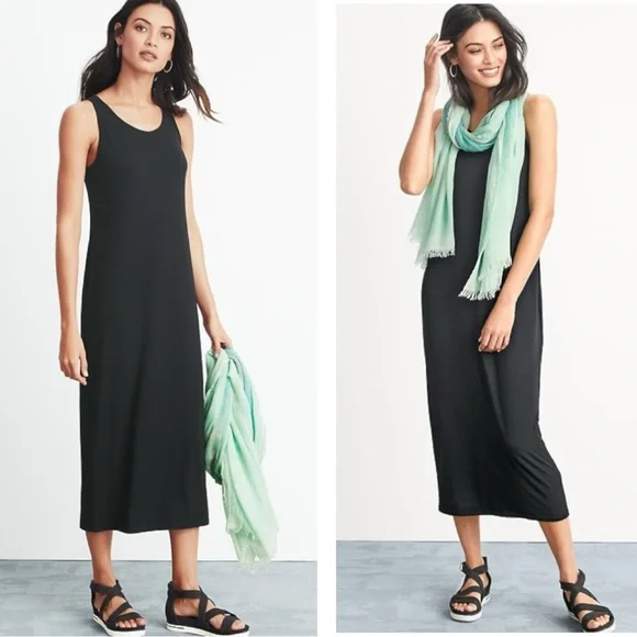 Eileen Fisher | Dresses | Eileen Fisher Stretch Viscose Jersey Scoop Neck  Tank Midi Dress Black Large | Poshmark